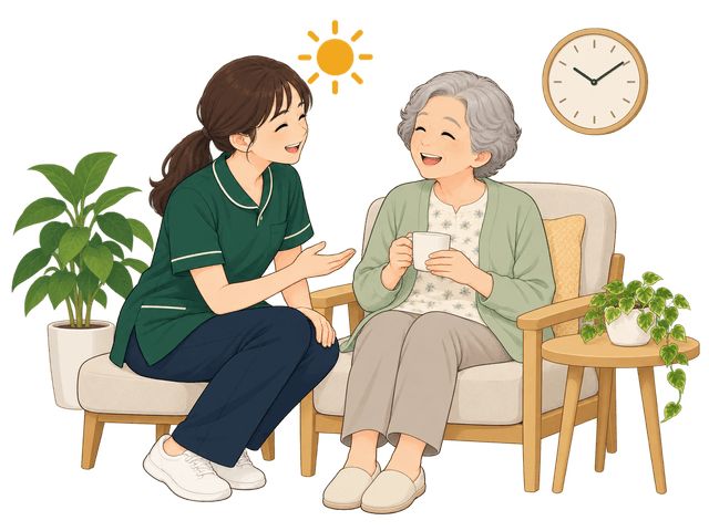日中に高齢者と穏やかに話す介護スタッフのイラスト