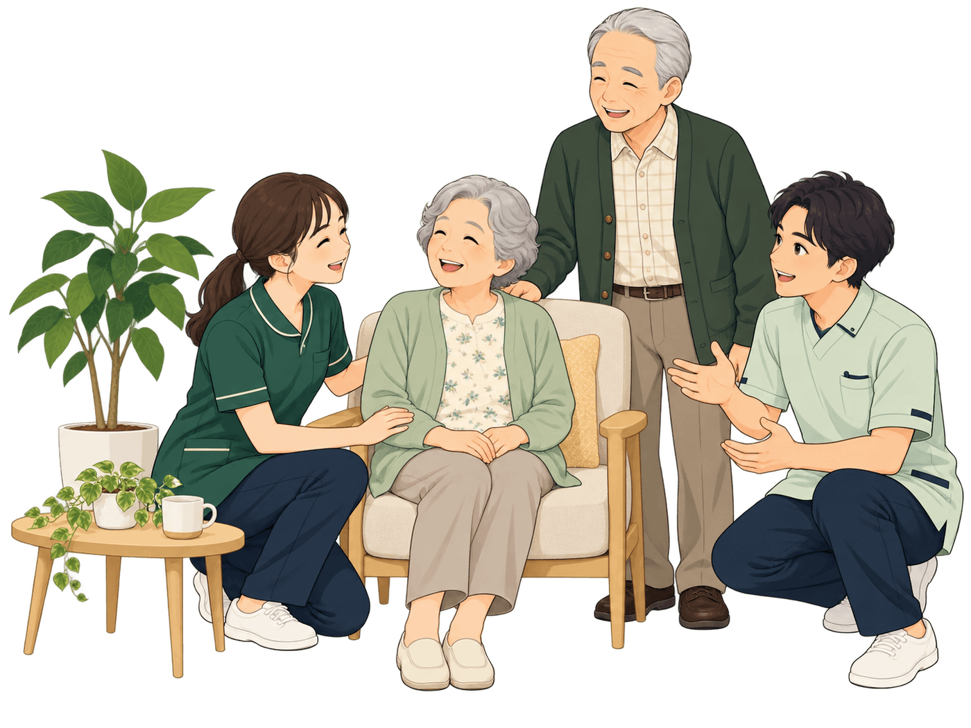 介護スタッフと高齢者が穏やかに交流するイラスト